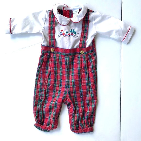 Alexis Toddler Overalls 3 M Month Red Plaid Embroidered Train Snaps EUC… - Picture 5 of 12